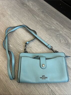 COACH Light Blue Pebbled Leather Crossbody Wristlet